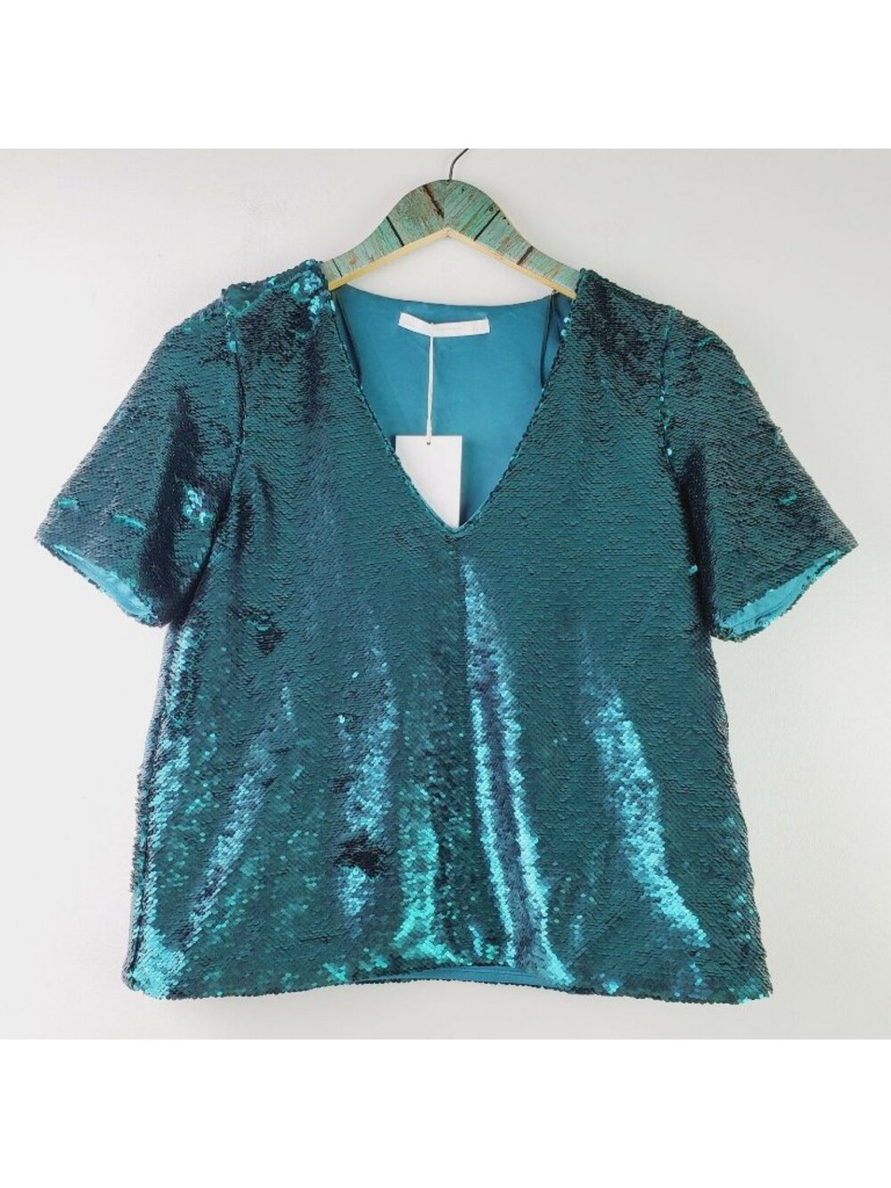 Zara Trafaluc Collection Kelly Green Full Sequin Crop Top Morocco Sz M NWT